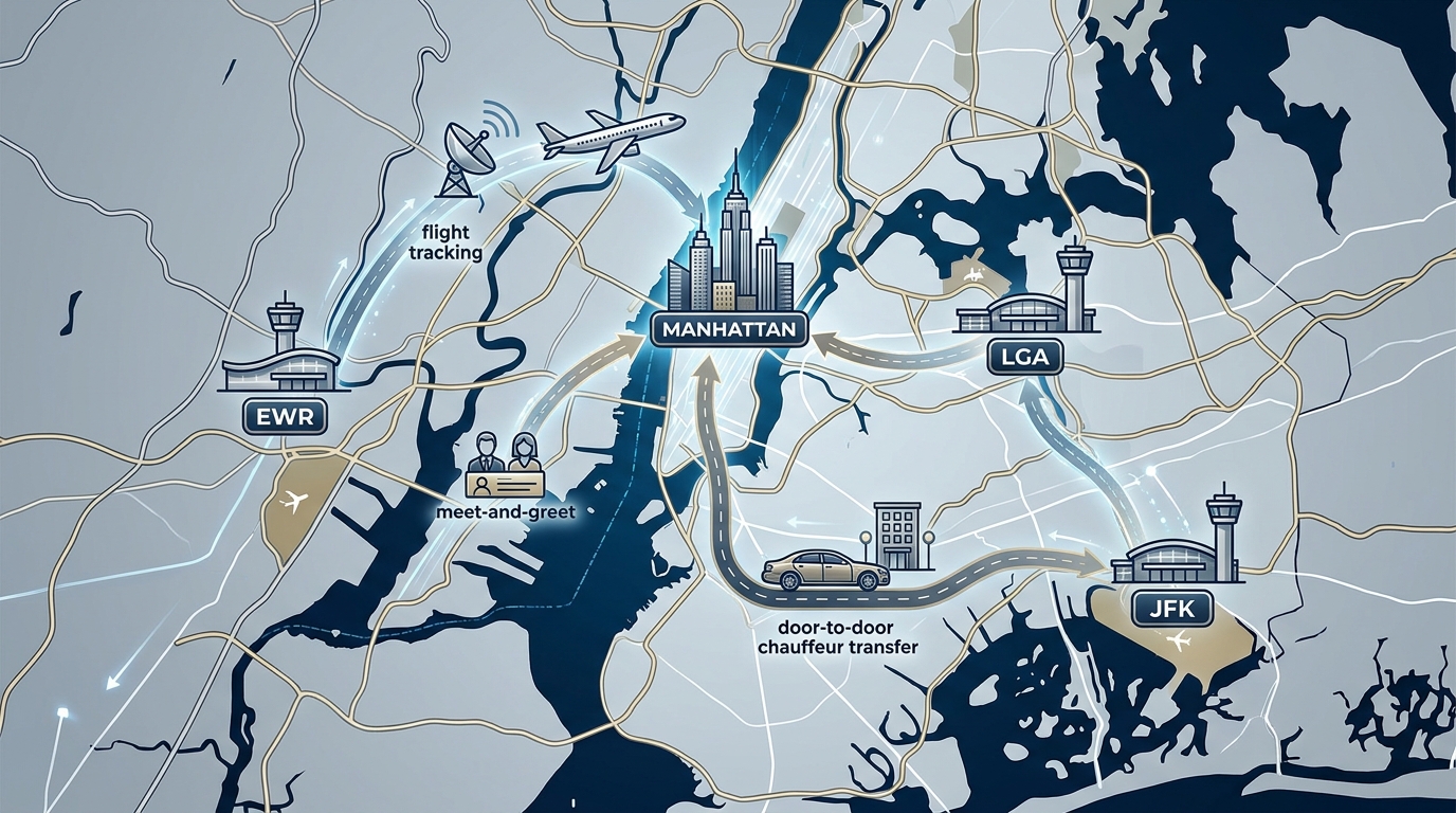Map-style diagram of New York showing the three major airports (JFK, LaGuardia, Newark) with icons for flight tracking, meet-and-greet, and door-to-door chauffeur transfer routes to Manhattan