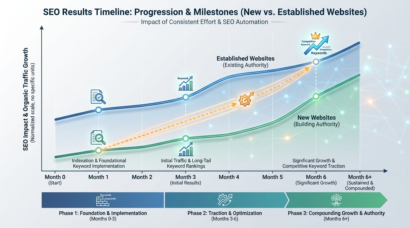 Timeline infographic showing typical SEO results progression from month 0 to month 6+, with milestones for new vs established websites