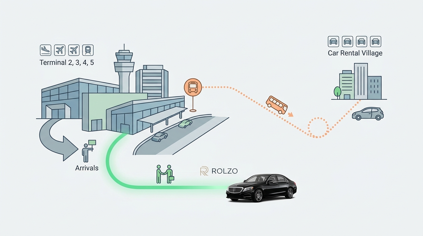 Simple map/diagram showing Heathrow terminals, Car Rental Village location, shuttle bus route, and ROLZO meet-and-greet service point at arrivals