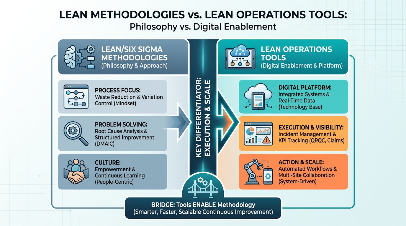 Comparison diagram or table showing Lean/Six Sigma methodologies (philosophy/approach) versus Lean Operations Tools (digital enablement/technology platform) with key differentiators