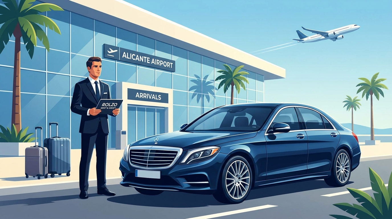A hero image showing a professional chauffeur in formal attire standing beside a luxury vehicle (Mercedes-Benz S-Class) at Alicante Airport arrivals, with a Meet & Greet sign, conveying calm and premium service