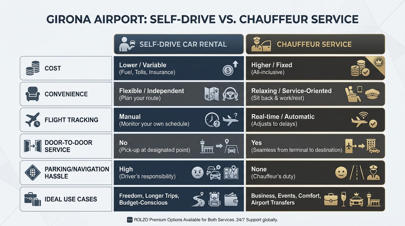 Comparison table contrasting self-drive car rental vs. chauffeur service across key factors: cost, convenience, flight tracking, door-to-door service, parking/navigation hassle, and ideal use cases