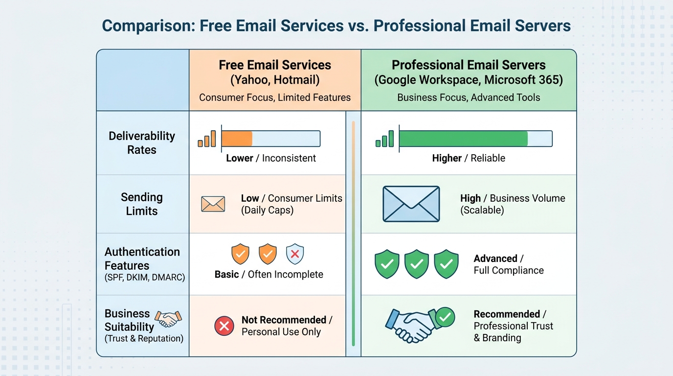 Comparison table contrasting free email services (Yahoo, Hotmail) vs professional email servers (Google Workspace, Microsoft 365) showing deliverability rates, sending limits, authentication features, and business suitability