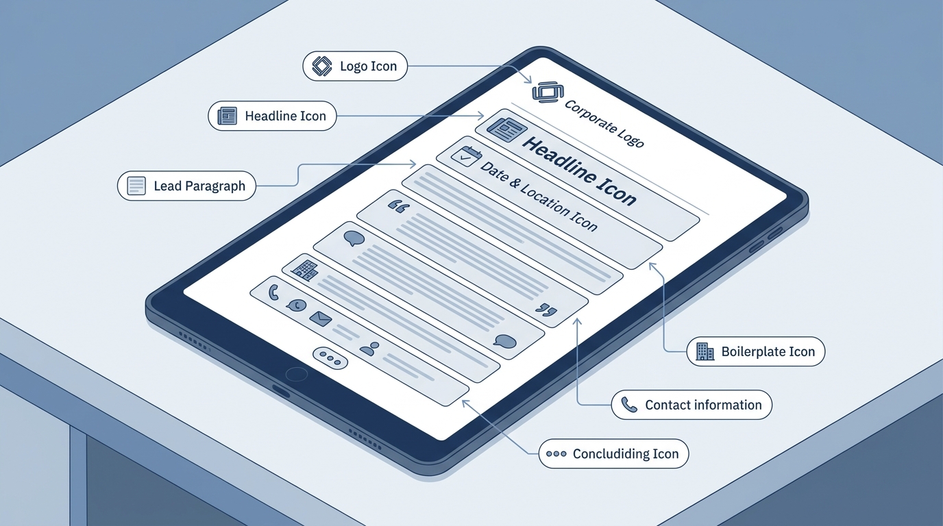 Annotated diagram showing the anatomy of a media release template with labeled sections: company logo at top, headline, dateline, lead paragraph, body paragraphs with quotes, boilerplate, contact information, and end marker
