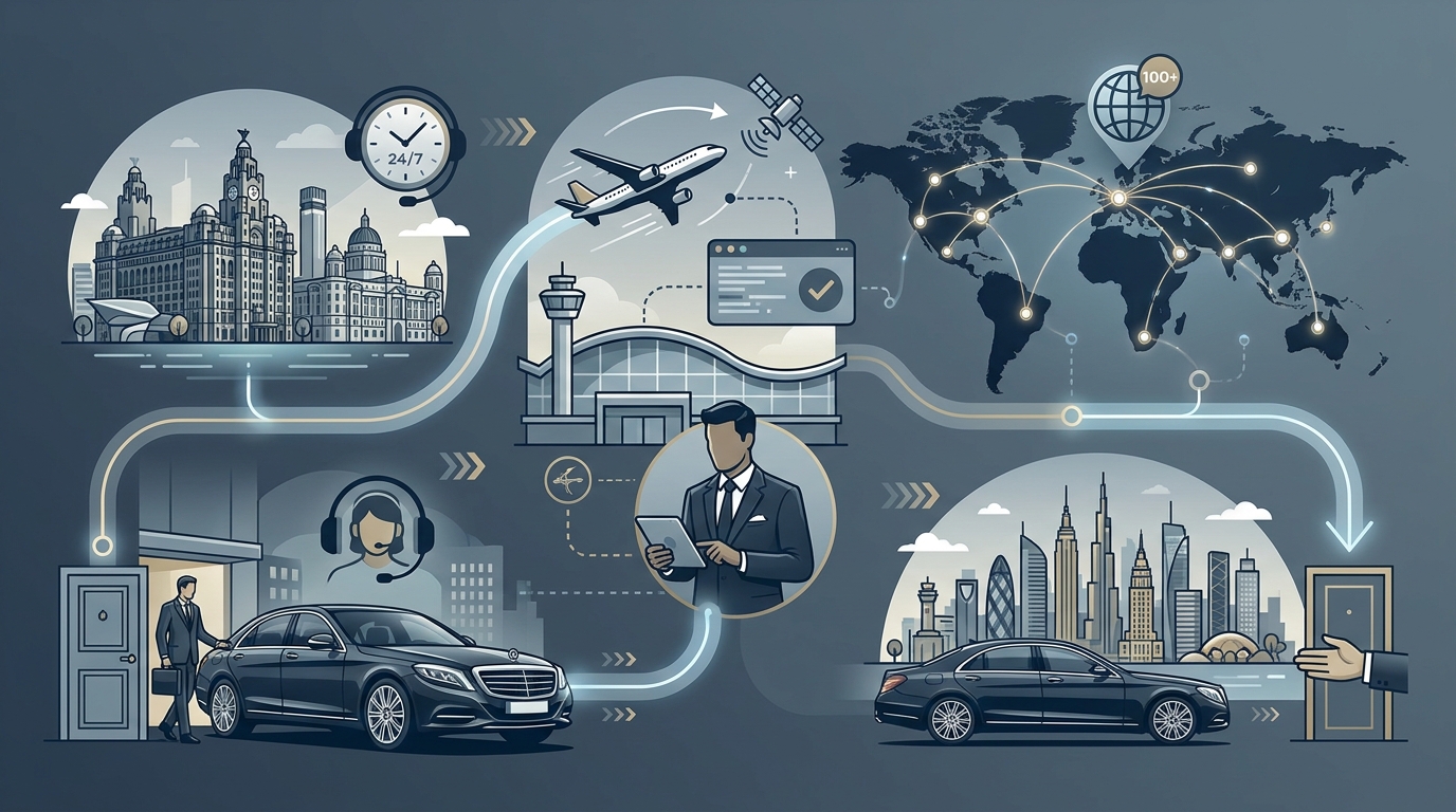 Infographic-style illustration highlighting key benefits of a chauffeur service: door-to-door travel, real-time flight tracking, 24/7 support, professional drivers, and global coverage in 100+ countries.