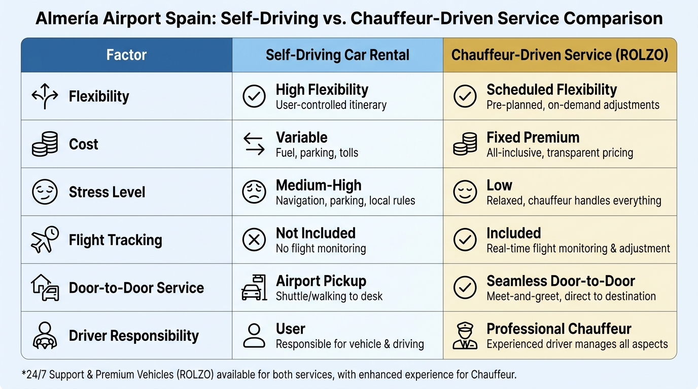 Comparison table showing self-driving car rental vs chauffeur-driven service across factors like flexibility, cost, stress level, flight tracking, door-to-door service, and driver responsibility