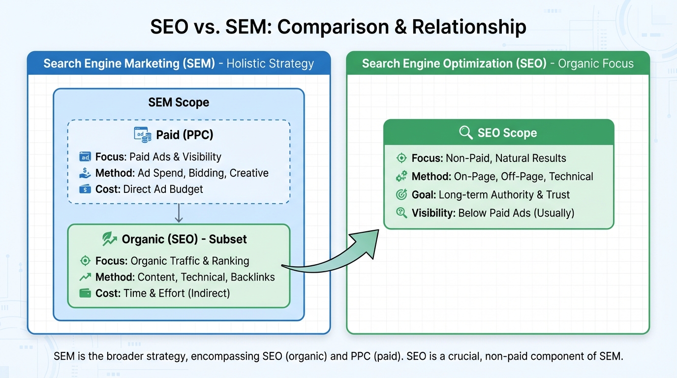 Venn diagram or side-by-side comparison chart showing SEO vs SEM, highlighting that SEO is a subset of SEM, with SEO focusing on organic results and SEM encompassing both organic (SEO) and paid (PPC) strategies