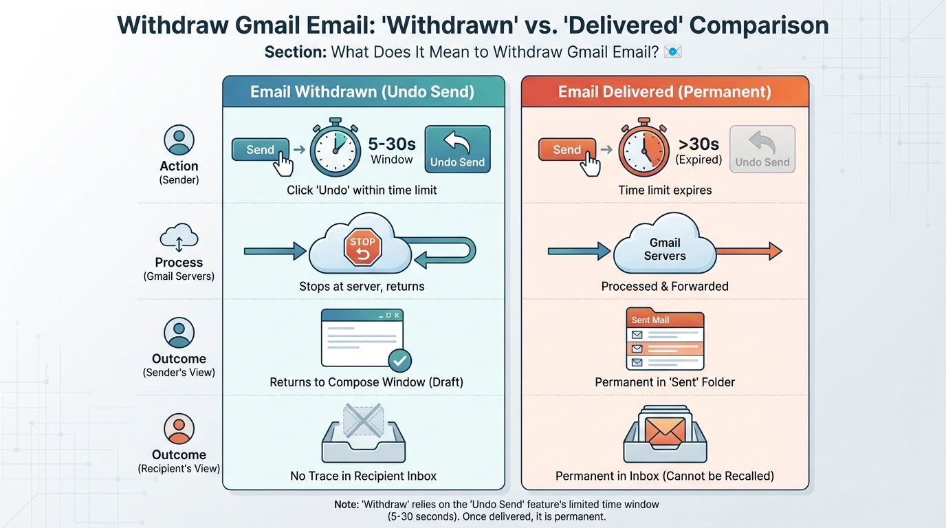 Side-by-side comparison infographic showing two scenarios: 'Email Withdrawn' (email stops at Gmail servers, returns to compose window, no trace in recipient inbox) vs 'Email Delivered' (email reaches recipient, cannot be recalled, permanent in inbox)