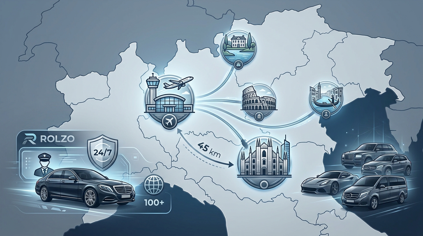 Infographic or map showing Orio al Serio Airport location relative to Milan (45km distance mentioned) and key Northern Italy destinations