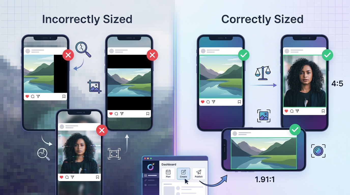 Before-and-after visual showing the same image correctly sized versus incorrectly sized, illustrating blurry results, unwanted cropping, and letterboxing on Instagram