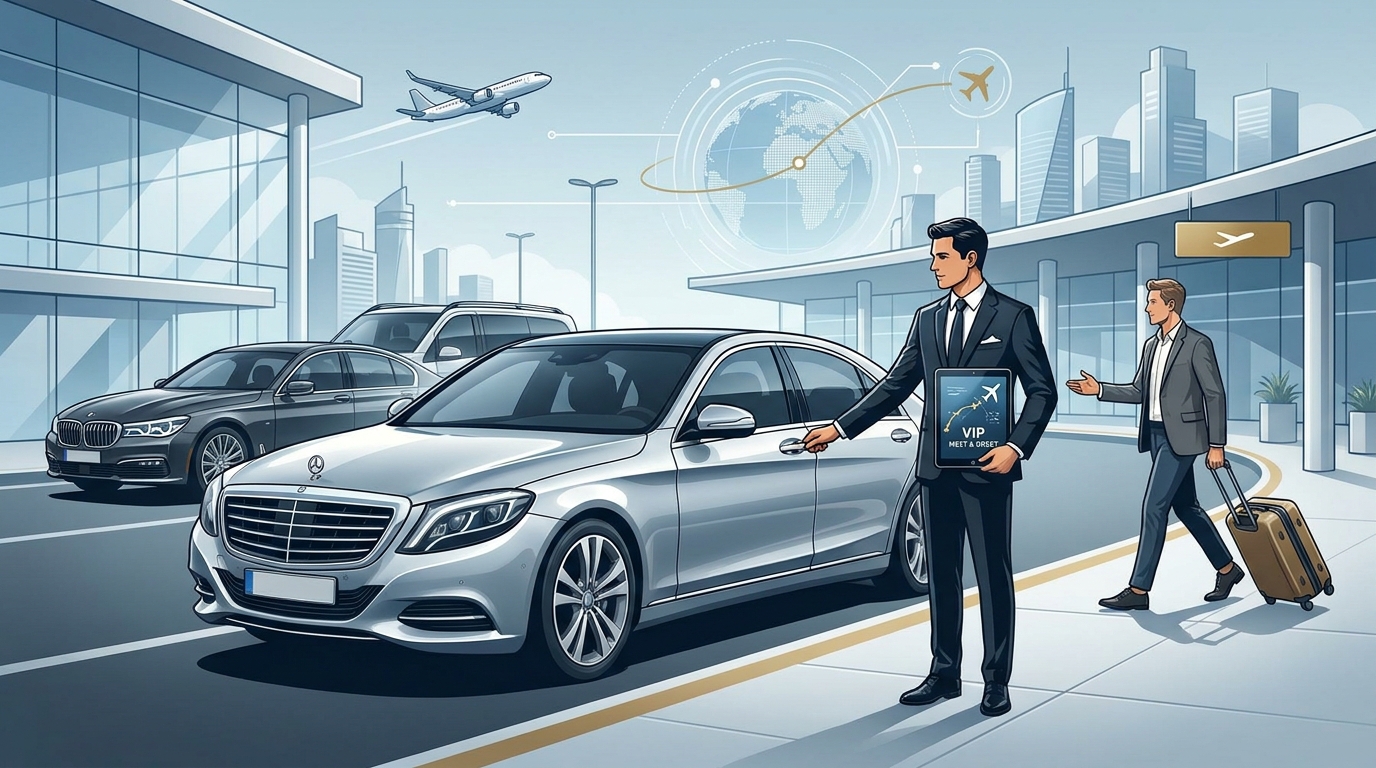 Illustration showing a premium airport transfer journey with luxury vehicles (Mercedes-Benz S-Class, BMW 7 Series, Mercedes V-Class) and elements like flight tracking, professional chauffeur, and door-to-door VIP Meet & Greet service