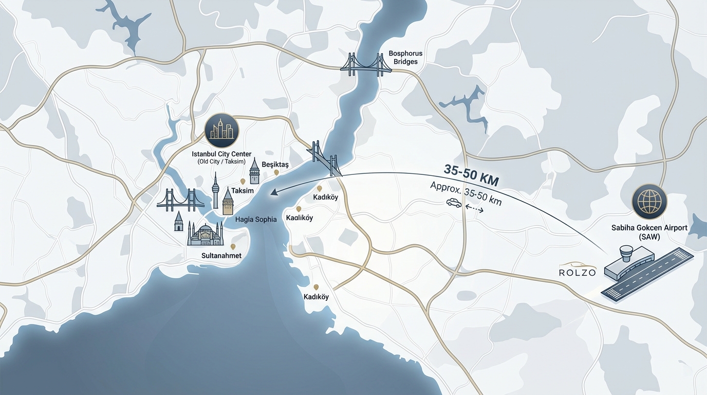 Map showing Sabiha Gokcen Airport location relative to Istanbul city center with distance markers (35-50km) and major districts/landmarks