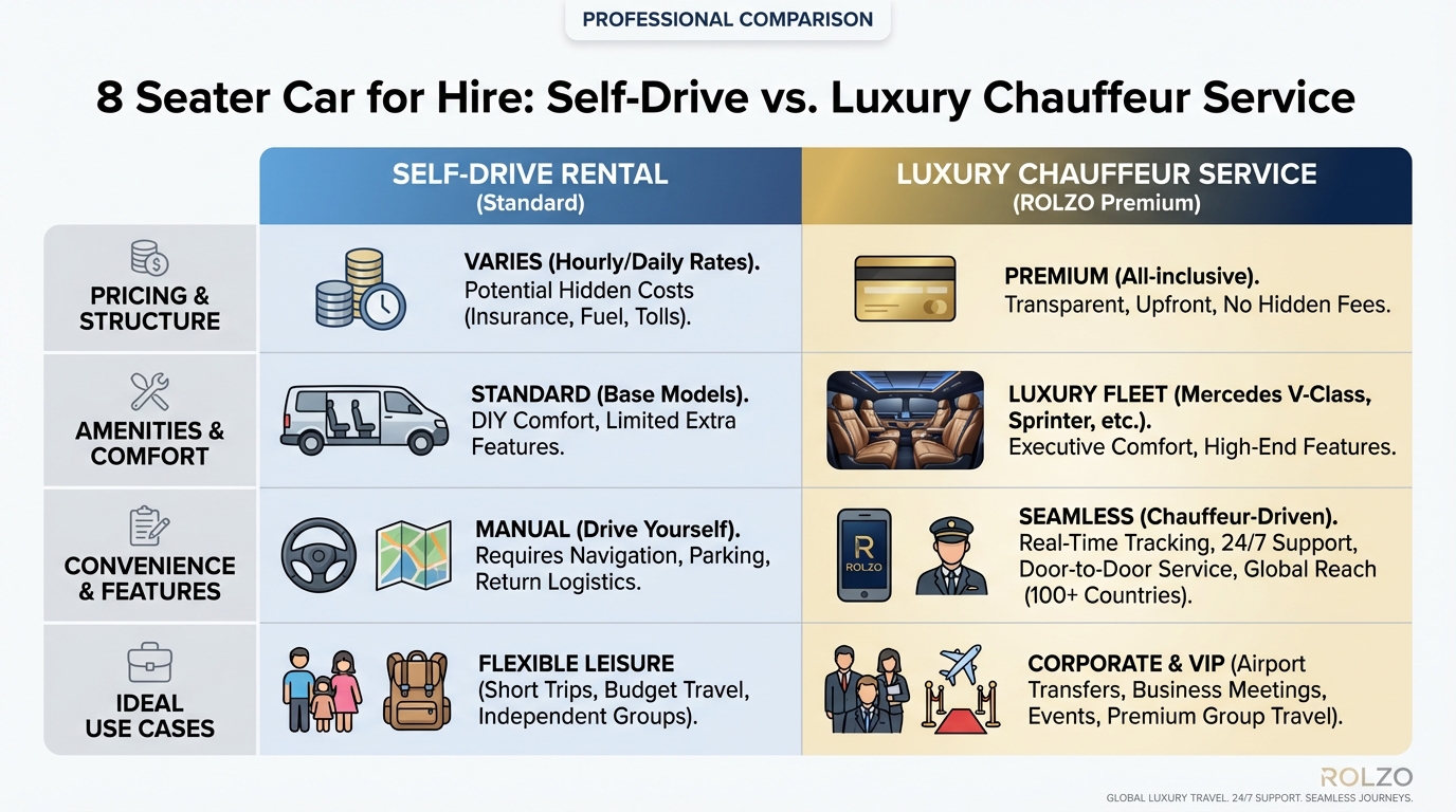Side-by-side comparison table or infographic showing Self-Drive Rental vs Luxury Chauffeur Service, highlighting differences in pricing, amenities, convenience features, and ideal use cases