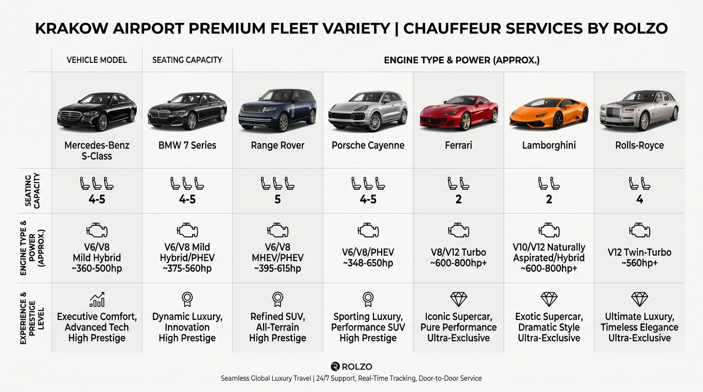 Visual grid or collage showcasing the fleet variety: Mercedes-Benz S-Class, BMW 7 Series, Range Rover, Porsche Cayenne, Ferrari, Lamborghini, and Rolls-Royce with brief specs