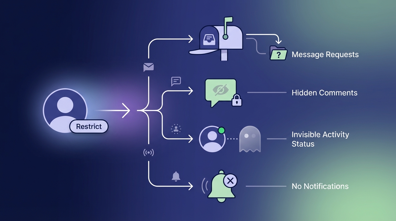 Visual diagram or flowchart showing what happens when you restrict someone on Instagram - illustrating the flow of messages to Message Requests, hidden comments, invisible activity status, and no notifications sent