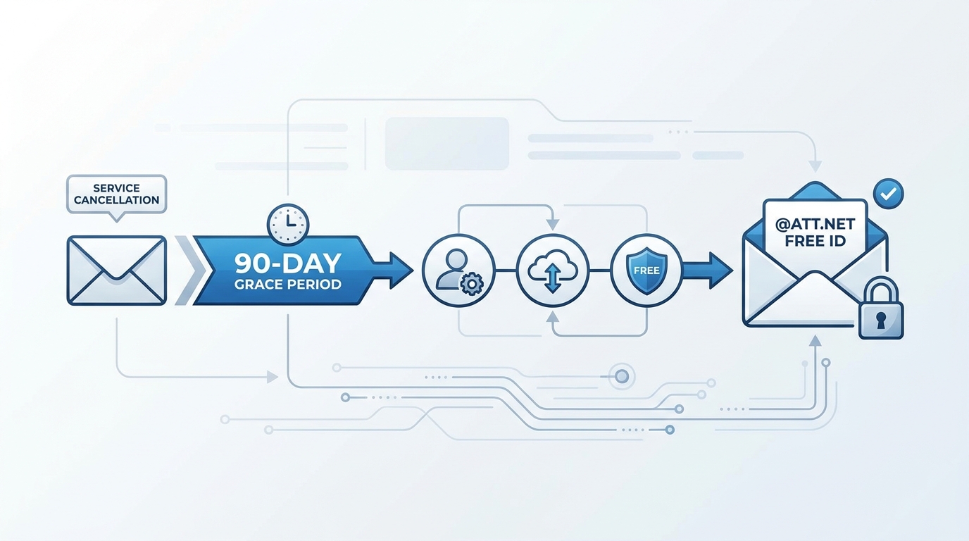 Flowchart or timeline showing the process of converting AT&T email after service cancellation, including the 90-day grace period and steps to convert to free AT&T ID account