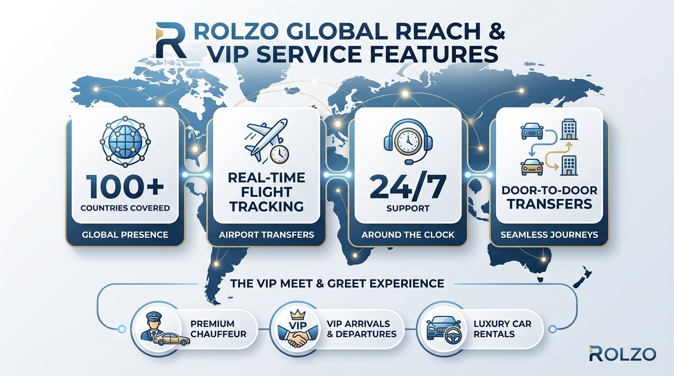 Infographic highlighting ROLZO's global reach and service features: 100+ countries covered, real-time flight tracking, 24/7 support, and door-to-door transfers