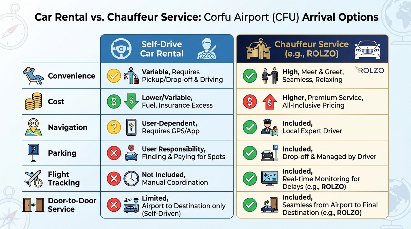 Side-by-side comparison table contrasting self-drive car rental vs chauffeur service across factors like convenience, cost, navigation, parking, flight tracking, and door-to-door service