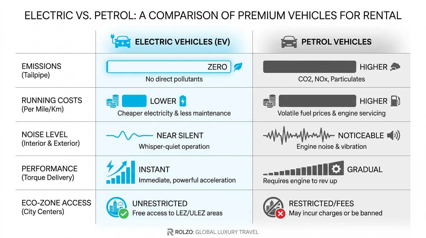 Side-by-side comparison chart contrasting electric vehicles vs. petrol vehicles across metrics like emissions, running costs, noise level, performance (torque), and eco-zone access