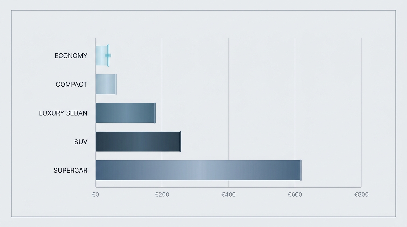 Bar chart comparing average daily rental costs across vehicle categories (economy €25-40/day, compact, luxury sedan, SUV, supercar) at Almeria Airport