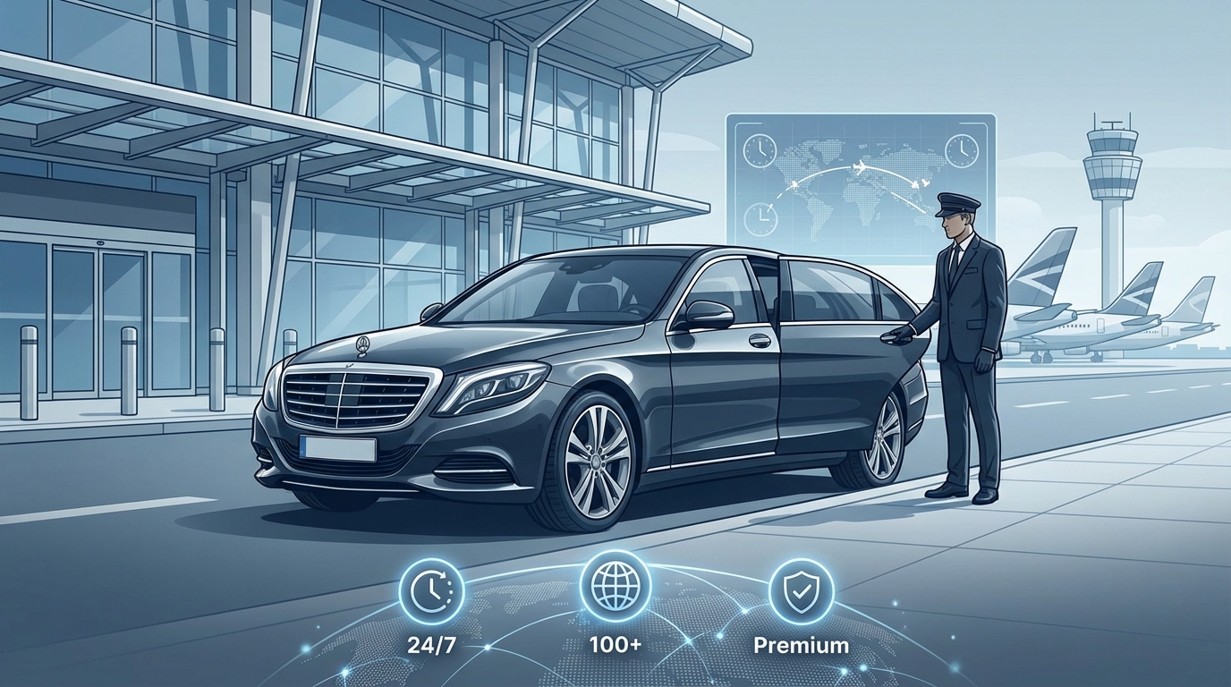 High-quality image showing a luxury chauffeur-driven Mercedes-Benz or BMW at Heathrow Airport terminal with professional driver