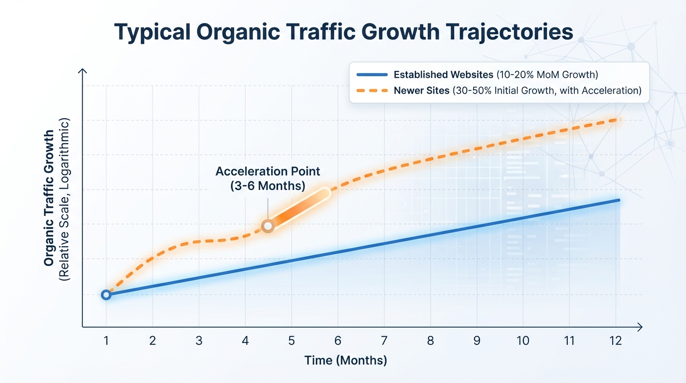 Line graph showing typical organic traffic growth trajectories: established websites (10-20% MoM), newer sites (30-50% initial growth), with acceleration point marked at 3-6 months