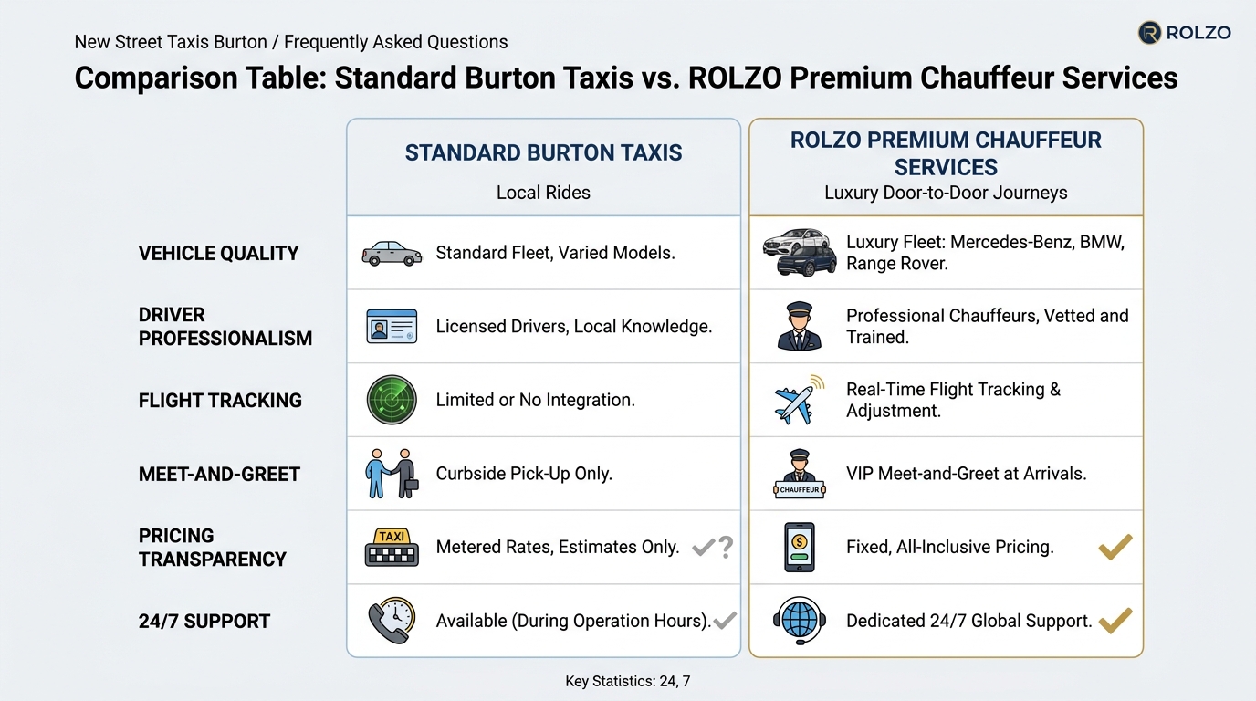 Comparison table contrasting standard Burton taxis vs. ROLZO premium chauffeur services across key attributes: vehicle quality, driver professionalism, flight tracking, meet-and-greet, pricing transparency, and 24/7 support