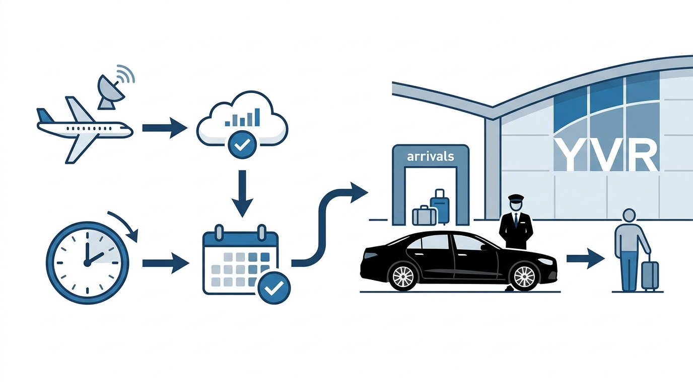 Diagram illustrating the real-time flight tracking workflow — flight status monitored, pickup time auto-adjusted for delays/early arrivals, chauffeur ready at arrivals