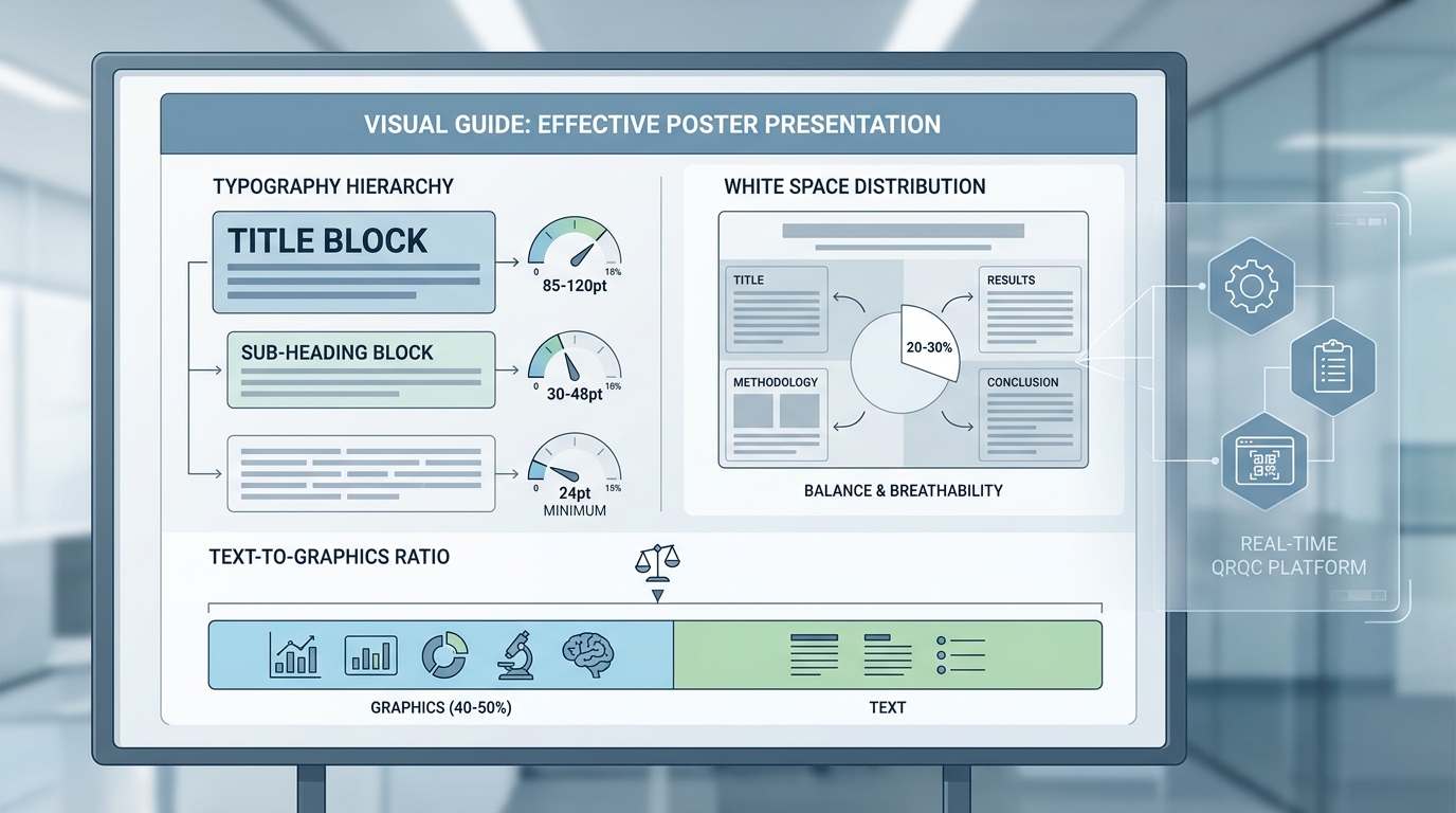 Visual guide showing typography hierarchy with font size recommendations (85-120pt for titles, 24pt minimum for body text), white space distribution (20-30%), and text-to-graphics ratio (40-50% graphics)