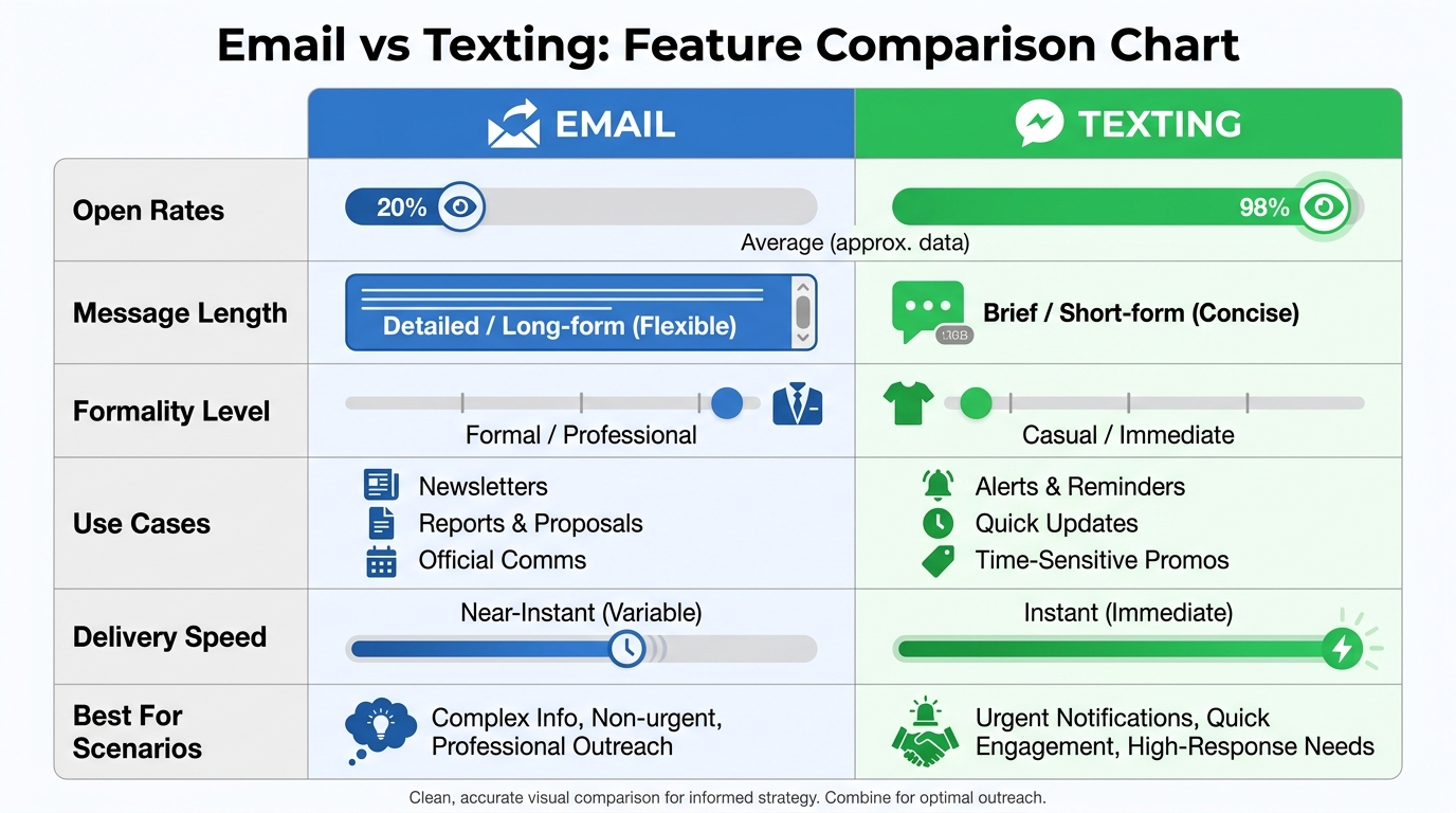 Side-by-side comparison table showing Email vs Texting features: open rates (20% vs 98%), message length, formality level, use cases, delivery speed, and best for scenarios