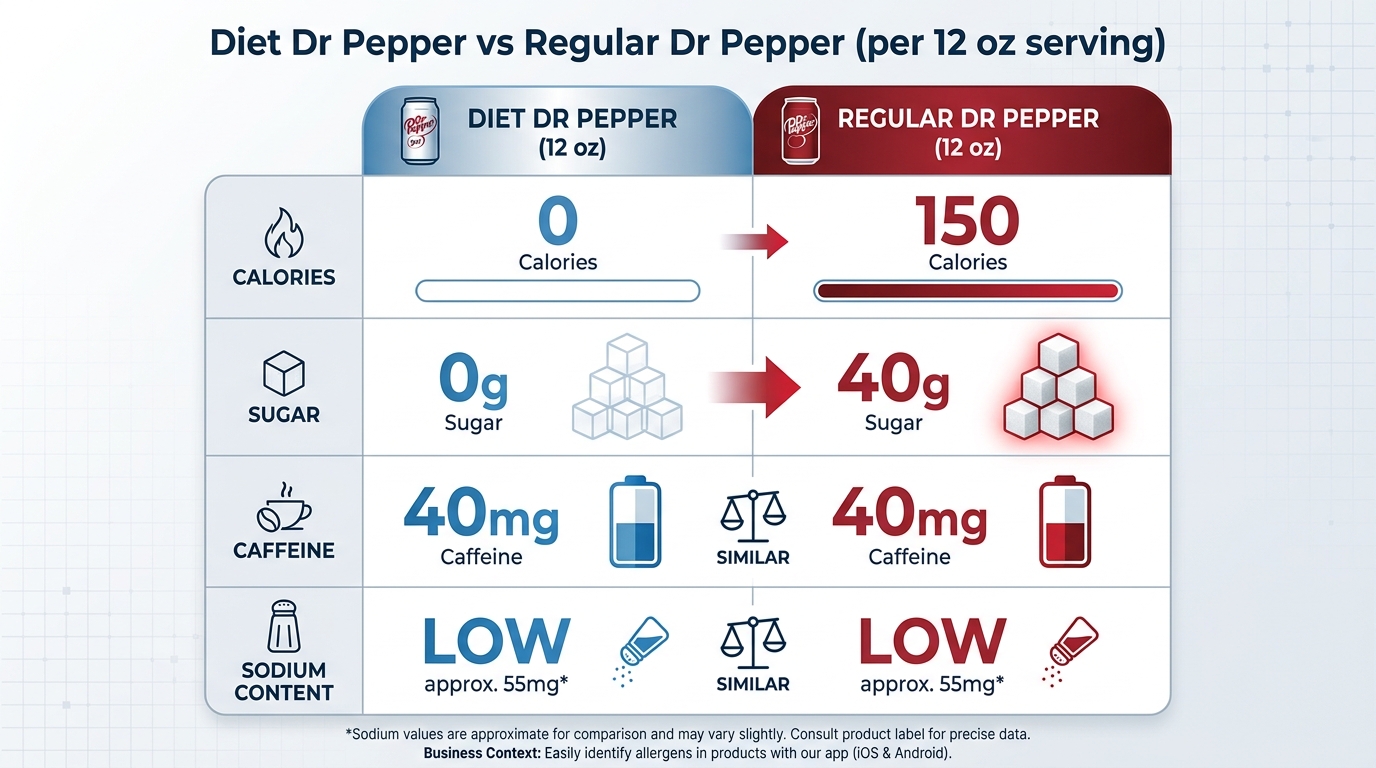 Side-by-side comparison table or infographic showing Diet Dr Pepper vs Regular Dr Pepper: calories (0 vs 150), sugar (0g vs 40g), caffeine (40mg vs 40mg), and sodium content