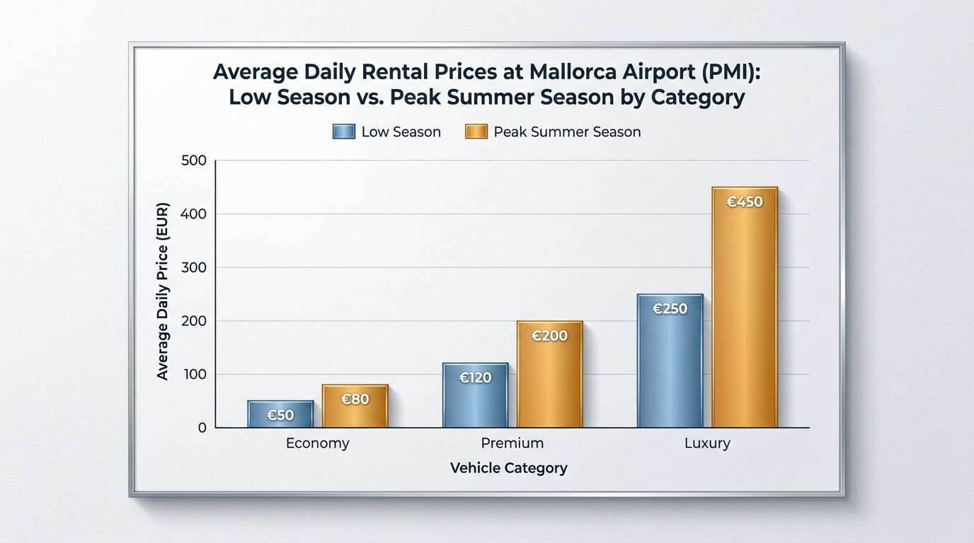 Bar chart comparing average daily rental prices by vehicle category (economy, premium, luxury) across low season vs. peak summer season