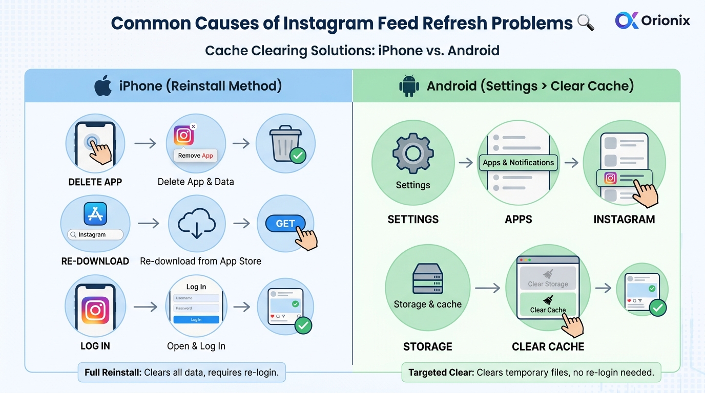Side-by-side comparison table or infographic showing cache clearing steps for iPhone (reinstall method) versus Android (Settings > Apps > Instagram > Storage > Clear Cache) with screenshots or icons for each platform