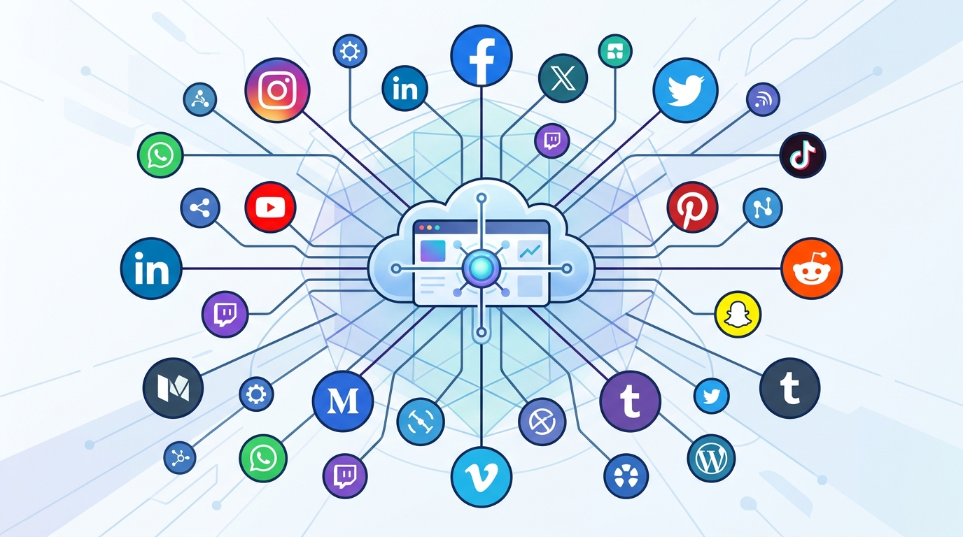 Visual grid or icon display showing logos of the 35+ supported social media platforms including Instagram, Facebook, Twitter, LinkedIn, YouTube, Pinterest, TikTok, and others