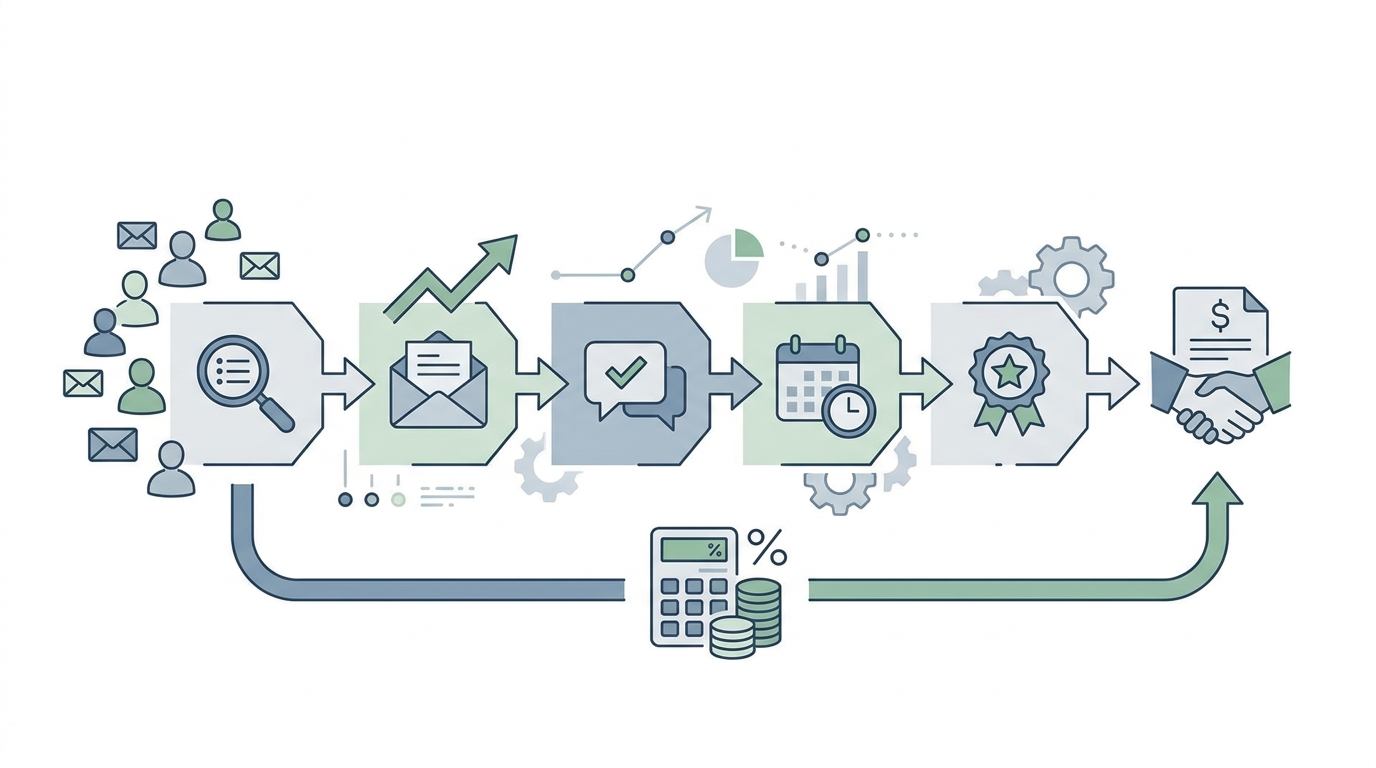 Flowchart or funnel diagram showing the lead generation measurement process: prospects contacted → emails opened → replies received → meetings booked → qualified leads → closed deals, with ROI calculation at the end