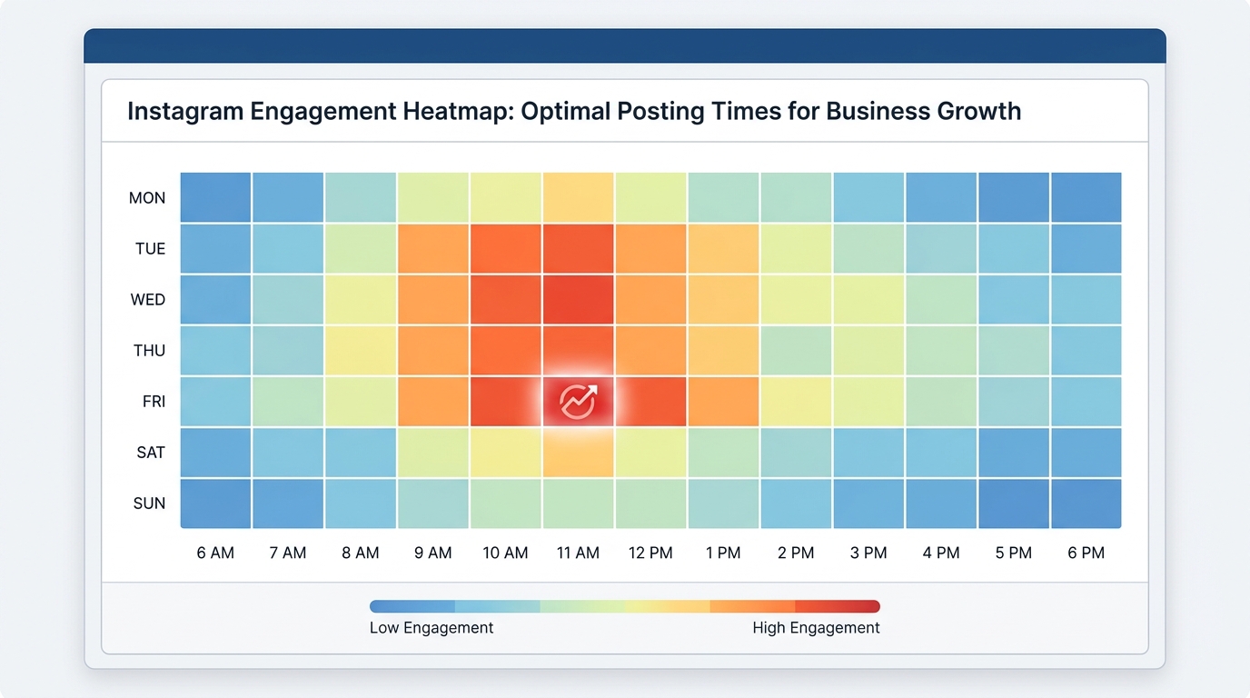 Heat map or bar chart showing Instagram engagement levels by day of week (Tuesday-Friday highlighted) and time of day (9 AM-1 PM window, with 11 AM peak marked)