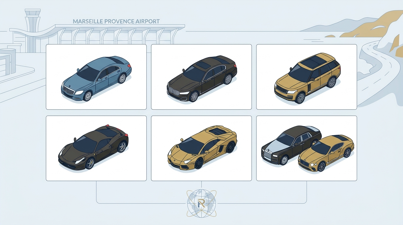 Visual showcase grid featuring the luxury vehicle fleet mentioned - Mercedes-Benz S-Class, BMW 7 Series, Range Rover, Ferrari, Lamborghini, Rolls-Royce Phantom, Bentley Continental GT