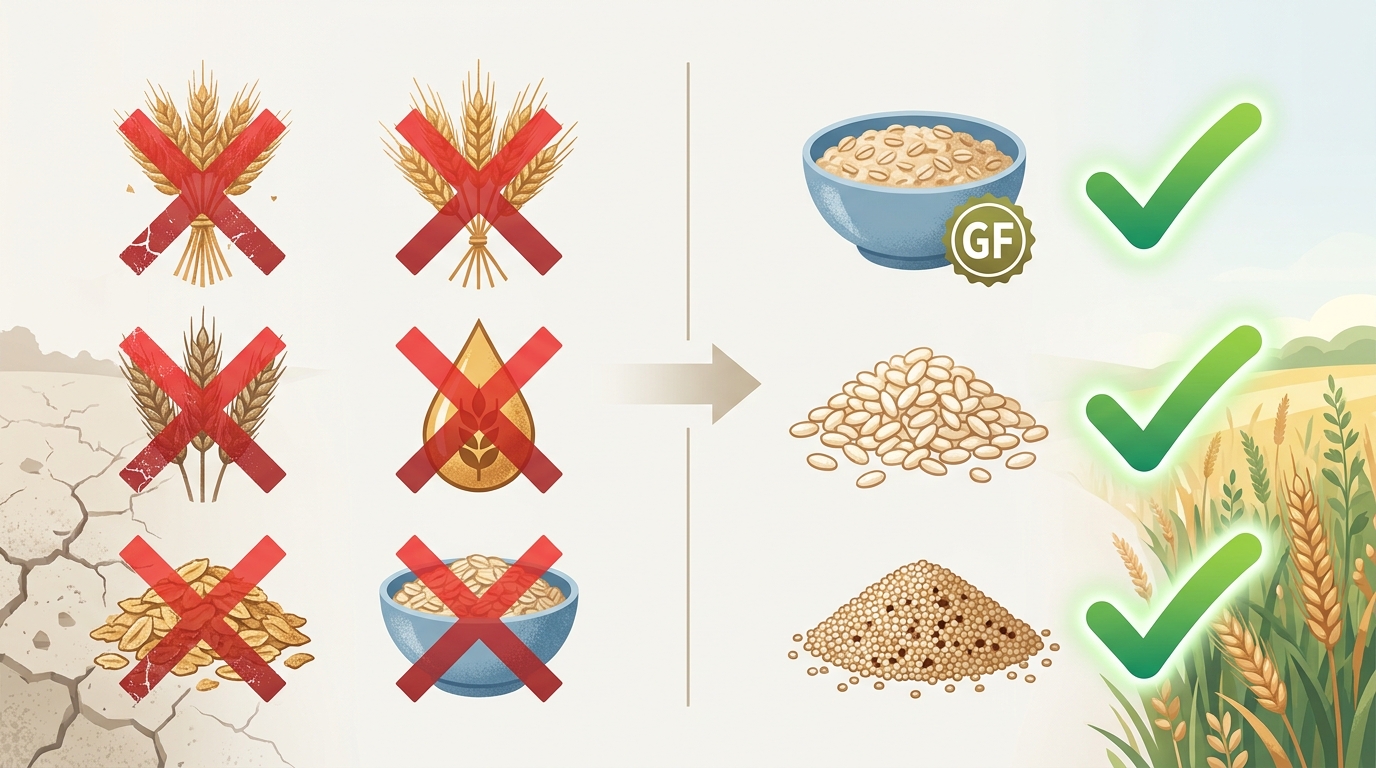 Infographic showing two columns: 'Avoid These Ingredients' (wheat, barley, rye, malt flavoring, wheat germ, regular oats) with red X marks vs 'Safe Alternatives' (certified GF oats, rice, quinoa) with green checkmarks
