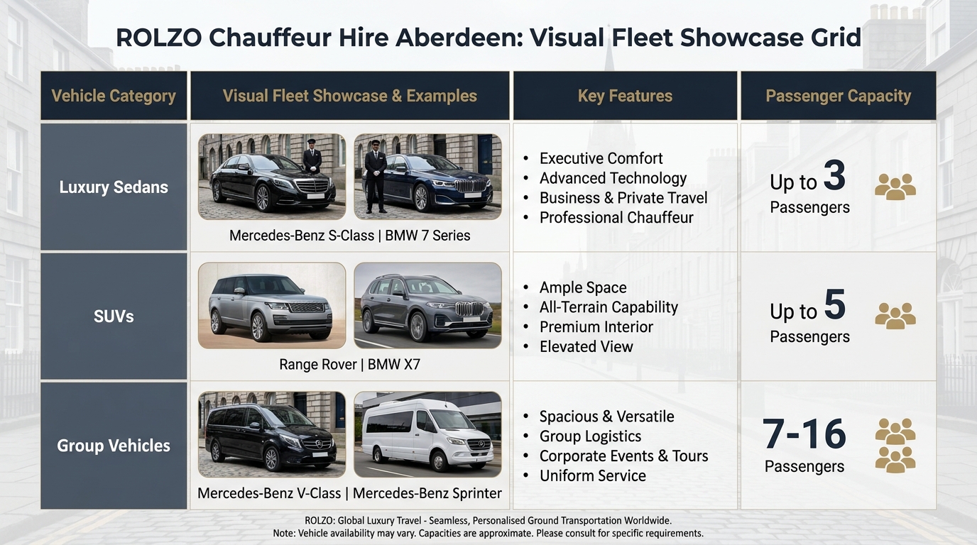 Visual fleet showcase grid displaying the different vehicle categories mentioned: luxury sedans (Mercedes S-Class, BMW 7 Series), SUVs (Range Rover, BMW X7), and group vehicles (Mercedes V-Class, Sprinter), with key features and passenger capacity for each