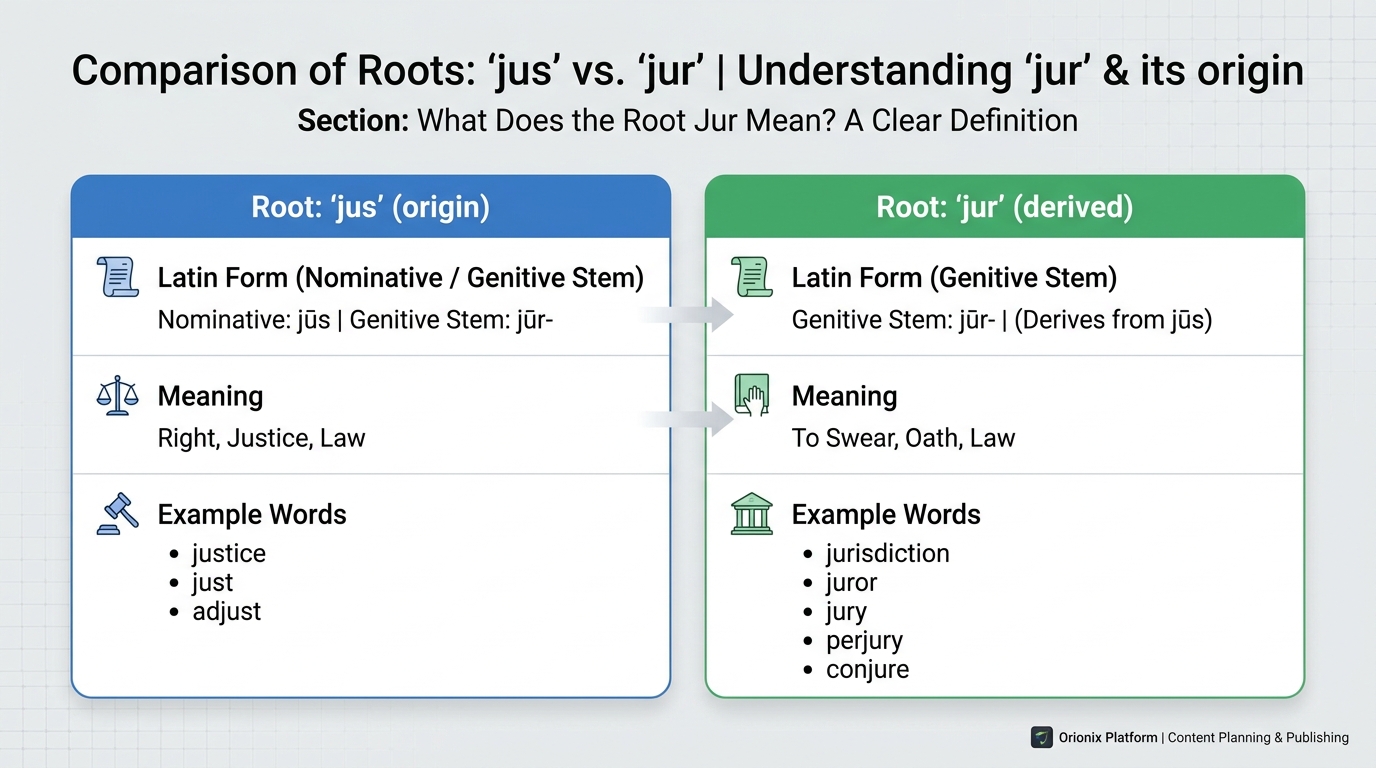 A comparison table contrasting the roots 'jur' and 'jus'—columns for Root, Latin Form (nominative vs. genitive stem), Meaning, and Example Words (e.g., justice, just vs. jurisdiction, juror).