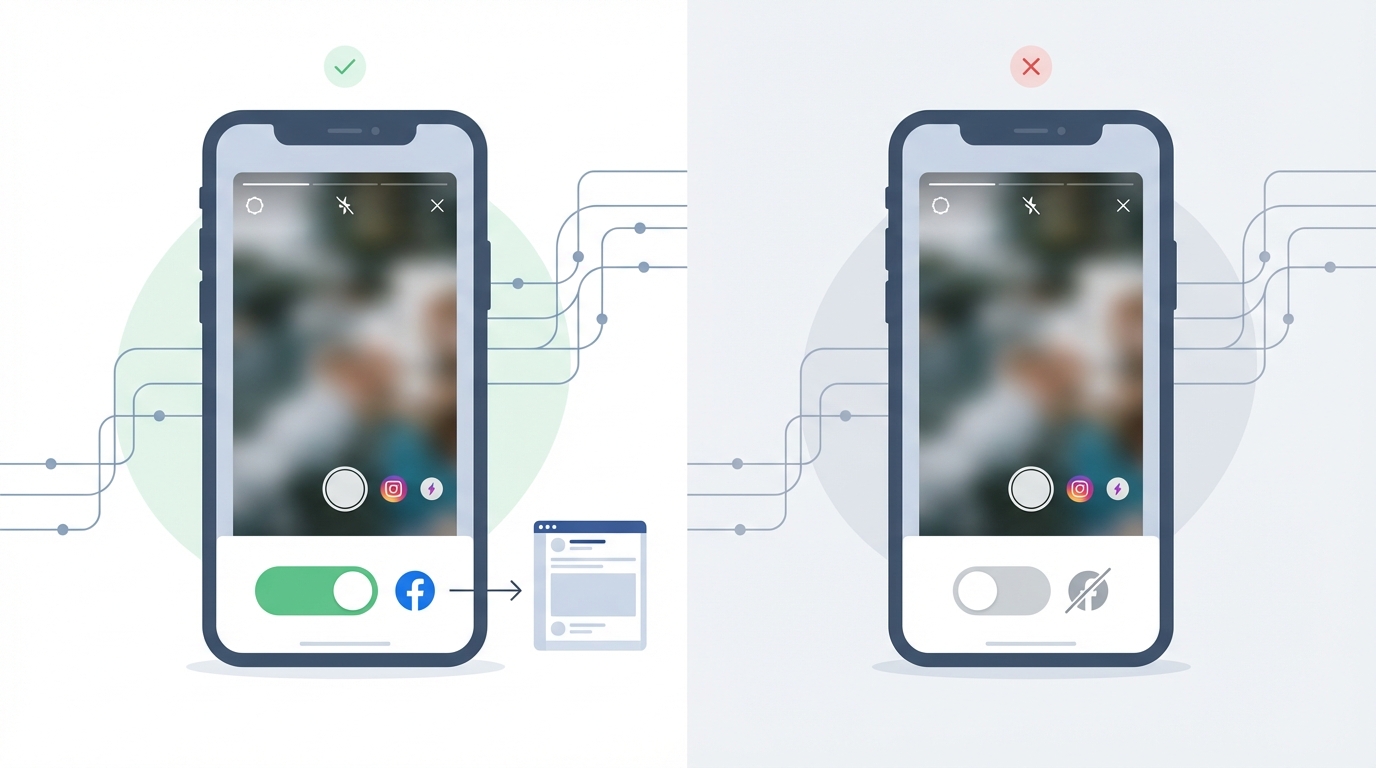 Screenshot or mockup of the Instagram Story creation screen highlighting the Facebook sharing toggle at the bottom, showing both ON and OFF states