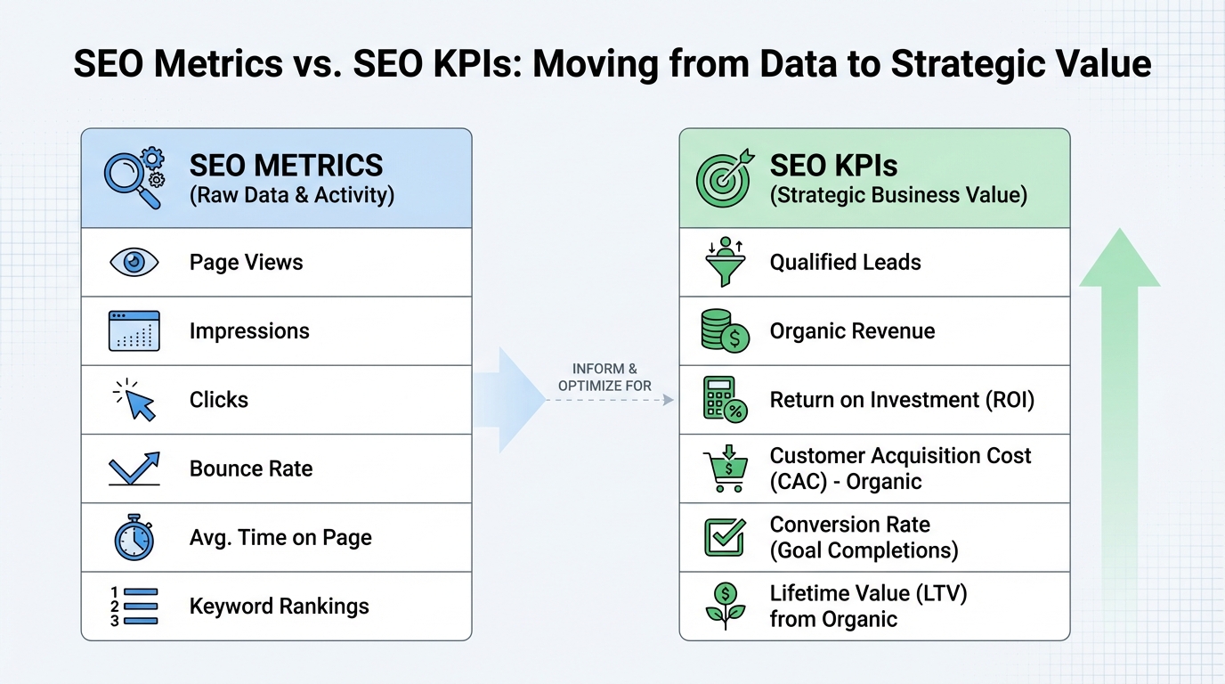 Side-by-side comparison diagram showing SEO Metrics (all measurable data: page views, impressions, clicks) versus SEO KPIs (strategic business-aligned indicators: qualified leads, organic revenue, ROI)