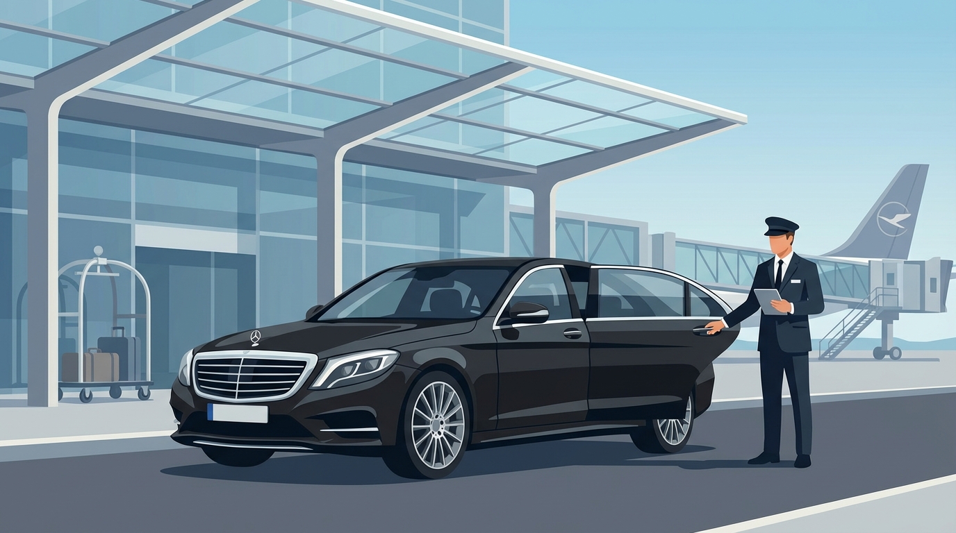 Hero image showing luxury chauffeur service at an airport - professional driver standing beside a Mercedes-Benz S-Class or BMW 7 Series in front of an airport terminal, emphasizing premium service quality