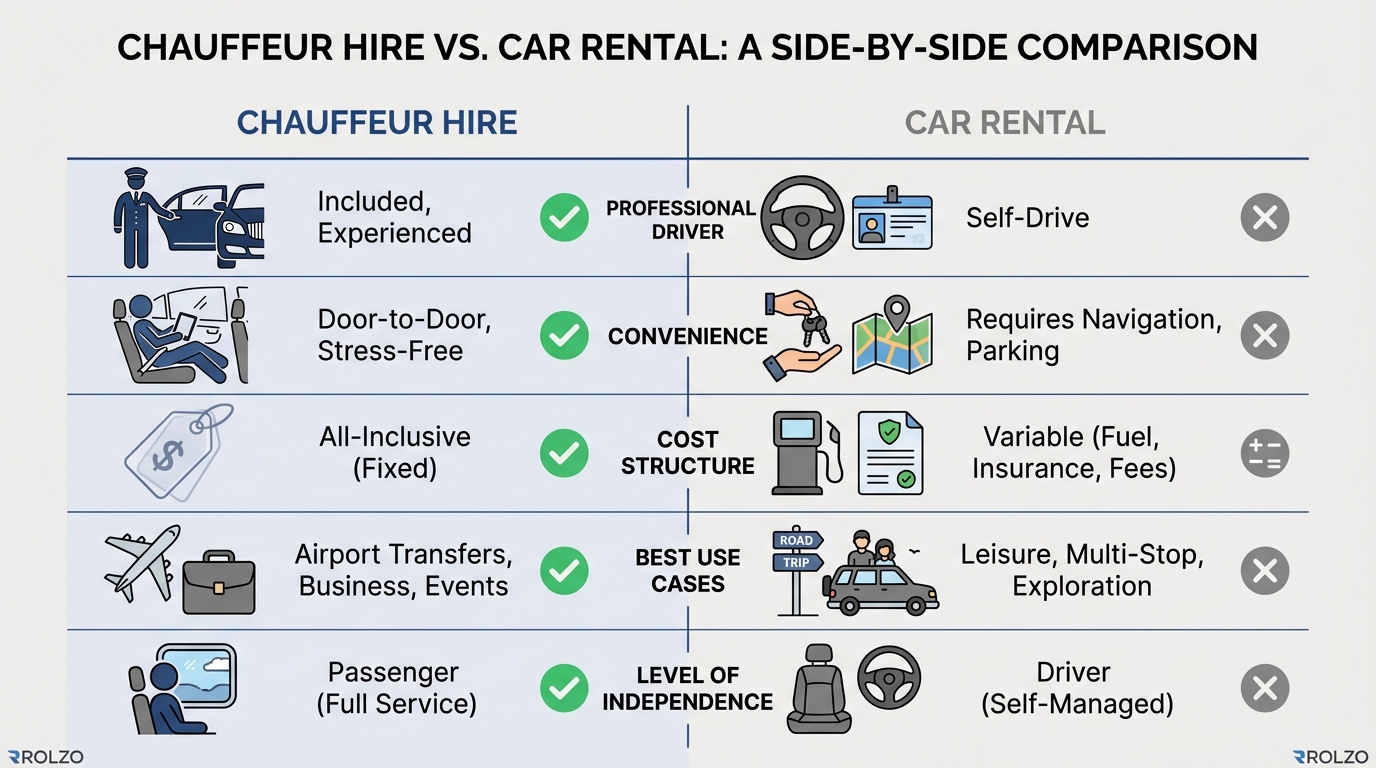 Comparison table contrasting chauffeur hire vs. car rental across key factors such as professional driver, convenience, cost structure, best use cases (airport transfers, business trips), and level of independence
