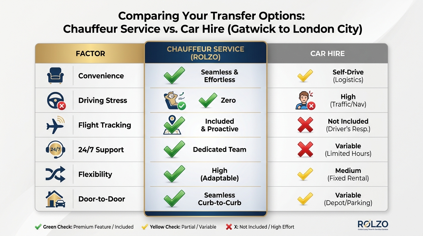Side-by-side comparison chart of Chauffeur Service vs. Car Hire across factors like convenience, driving stress, flight tracking, 24/7 support, flexibility, and door-to-door service