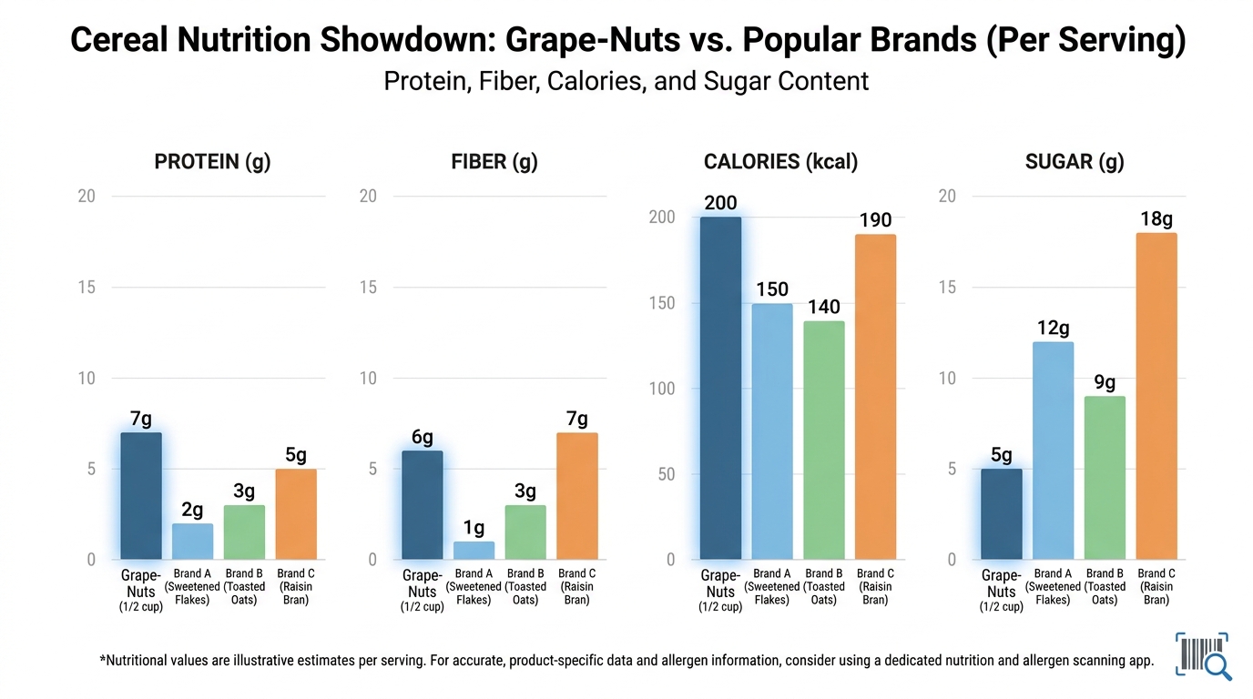Comparison table or side-by-side bar chart showing Grape-Nuts vs. other popular breakfast cereals (protein, fiber, calories, sugar content)