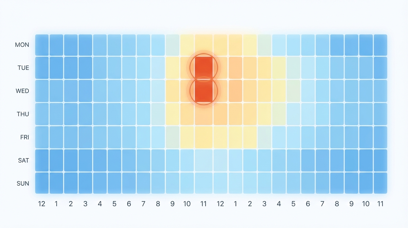 Heat map or bar chart showing optimal Instagram posting times throughout the week, highlighting weekdays 10 AM-3 PM with peak times on Tuesdays and Wednesdays at 11 AM