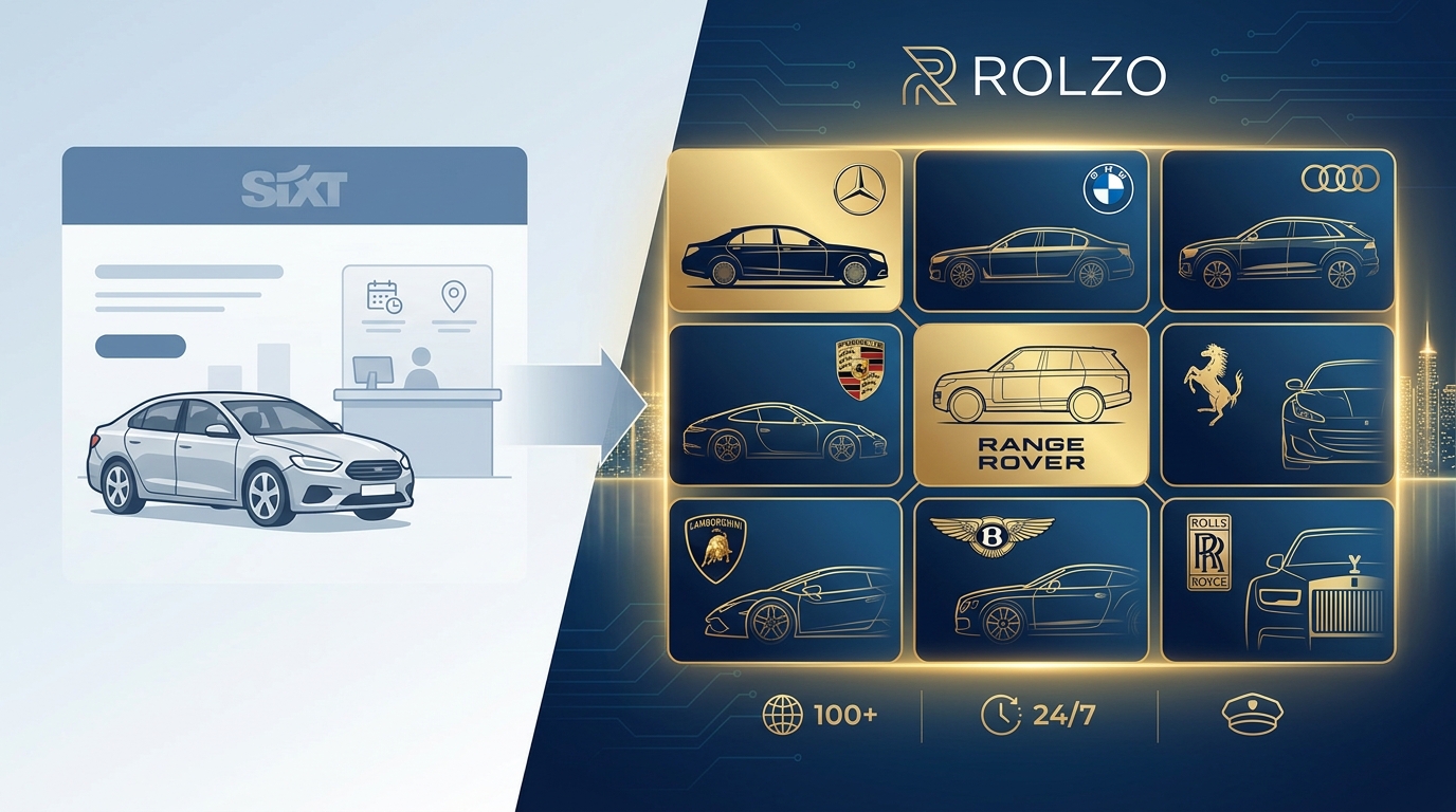 Visual showcase/grid displaying premium and luxury vehicle brands available through ROLZO — Mercedes-Benz, BMW, Audi, Porsche, Range Rover, Ferrari, Lamborghini, Bentley, and Rolls-Royce — with brand logos or vehicle imagery.