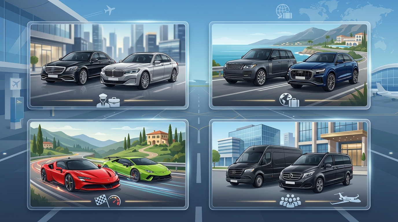 Visual showcase grid displaying ROLZO's luxury vehicle fleet categories: luxury sedans (Mercedes-Benz S-Class, BMW 7 Series), SUVs (Range Rover, Audi Q8), supercars (Ferrari, Lamborghini), and executive vans (Mercedes-Benz Sprinter, V-Class)