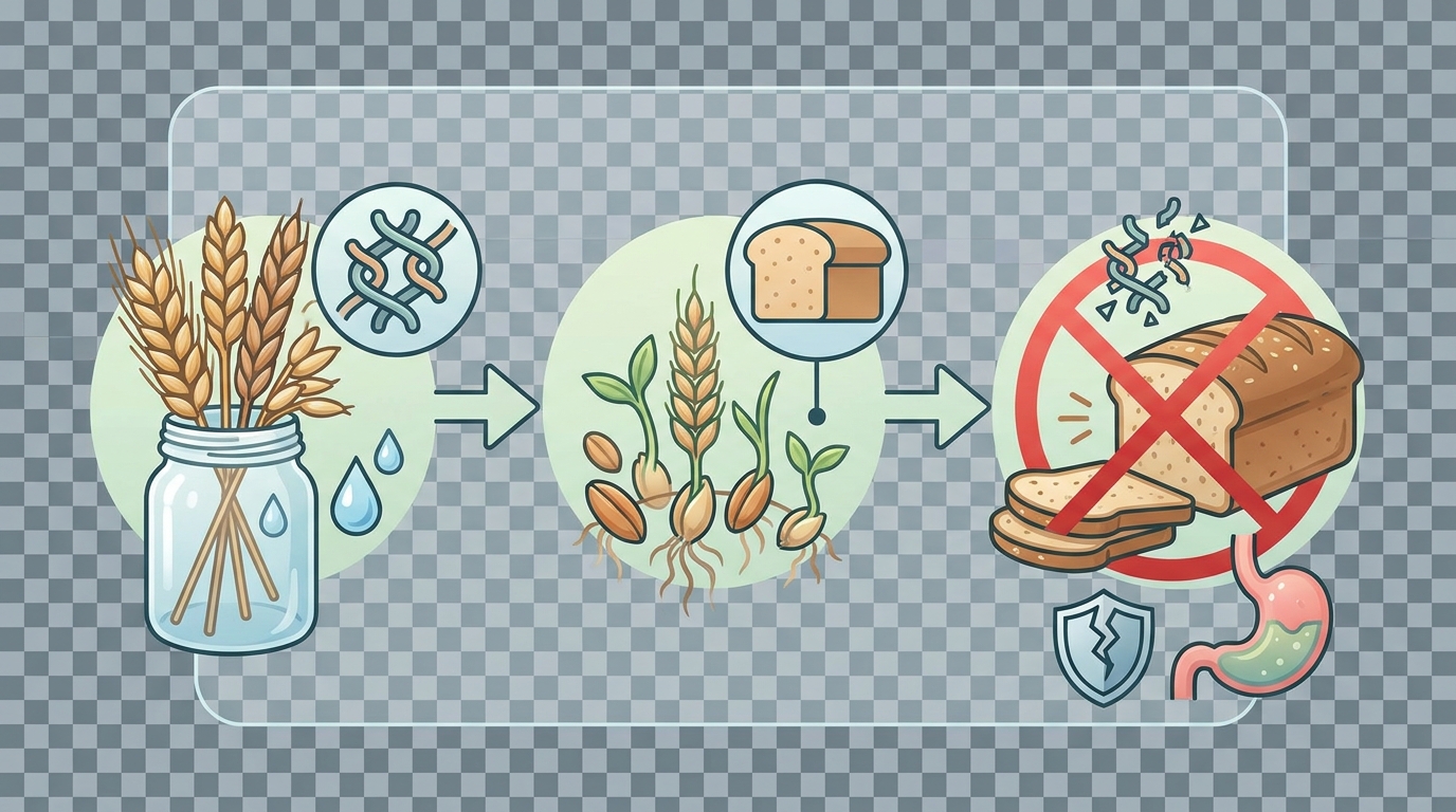 Simple diagram or visual showing the sprouting process and its effect on gluten, with a clear 'X' or warning symbol indicating that sprouting reduces but does NOT eliminate gluten, making it unsafe for celiac disease